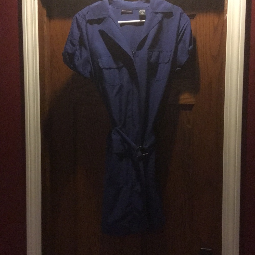 Navy blue silky utility dress.